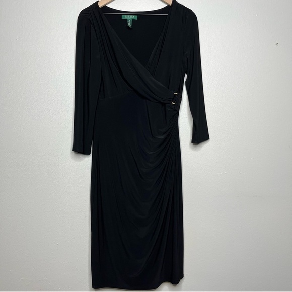 Lauren Ralph Lauren Women Midi Dress‎ 12 Slinky Traverls Gold Slimming Evening - Picture 1 of 9